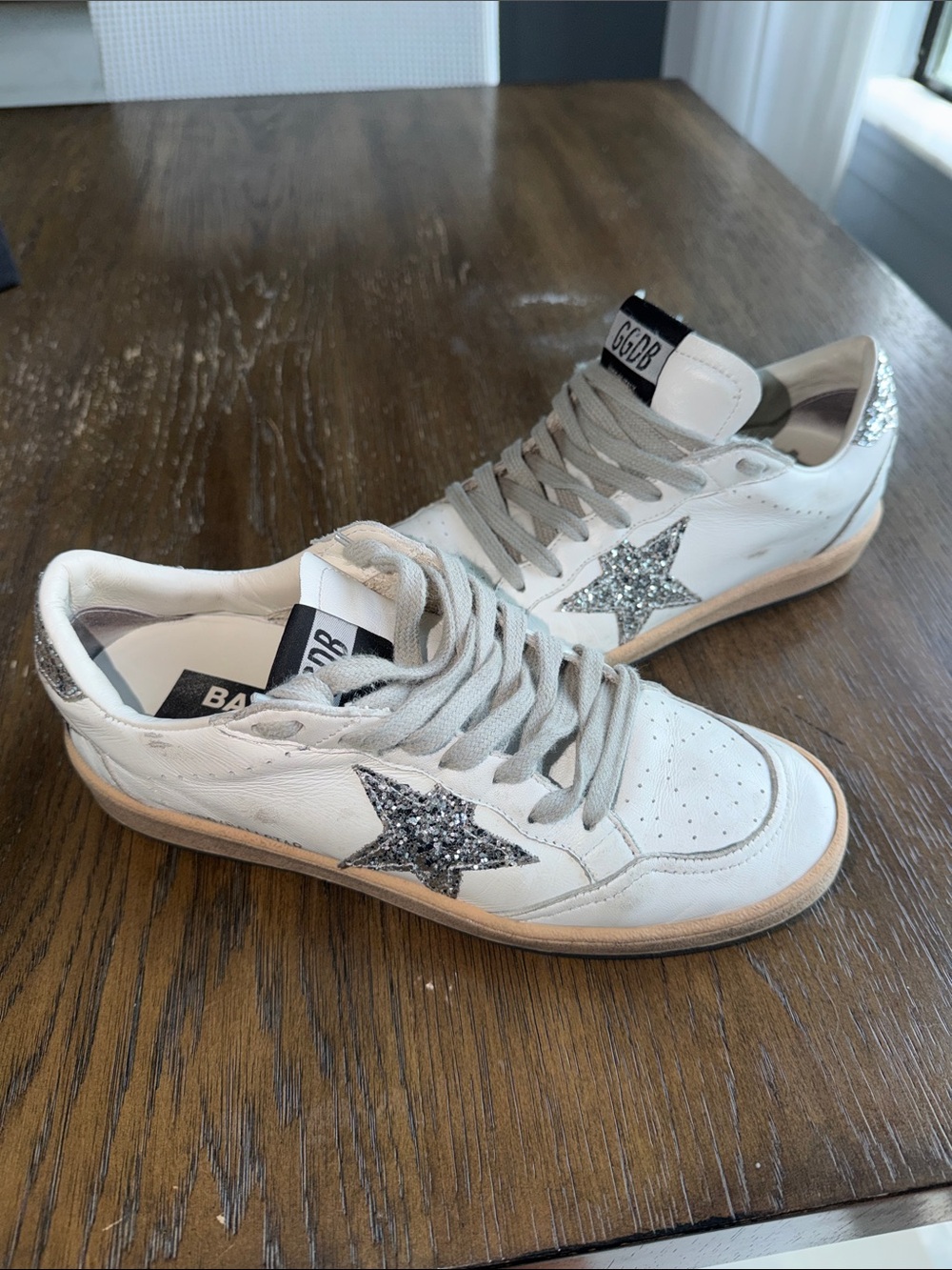 Golden Goose White Leather Sneakers with Silver Glitter Star Accent